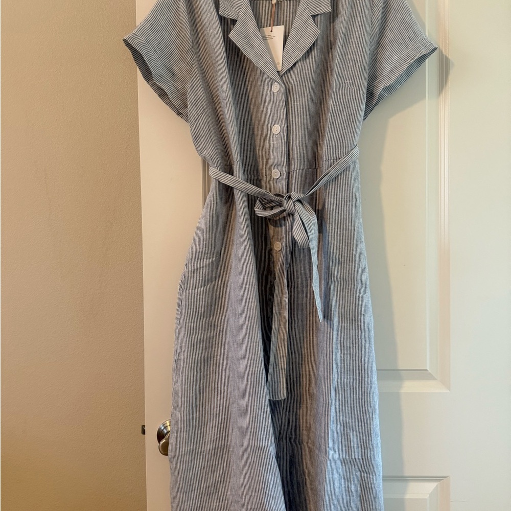 NWOT Quince Blue and White Striped Midi Dress - Picture 3 of 8
